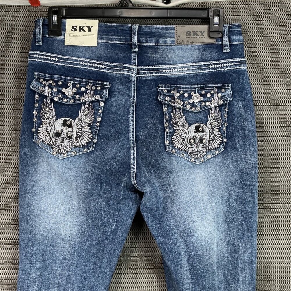 New Sky Premium Women's Western Flared Jeans Size 15 Angel Wings Skull Y2K